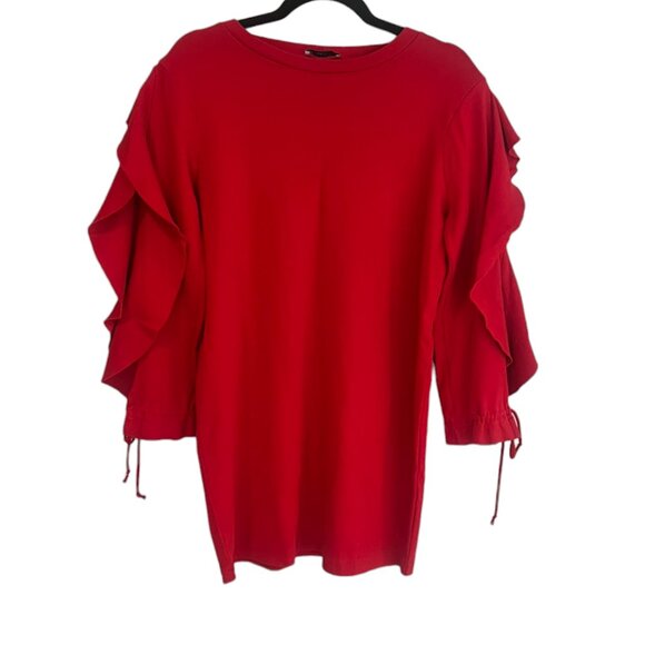 Women's Zara Red Ruffle Long Sleeve Knit Mini Dress Size Large - Picture 3 of 6